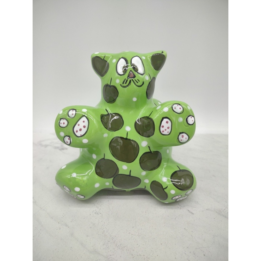 Ganz Ceramic Piggy Bank Kitty Cat Green Apples Painted Signed Pati 5 Inch